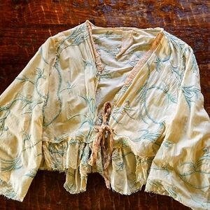 Magnolia Pearl Silk Floral Embroidered Cream and Green Women's Top